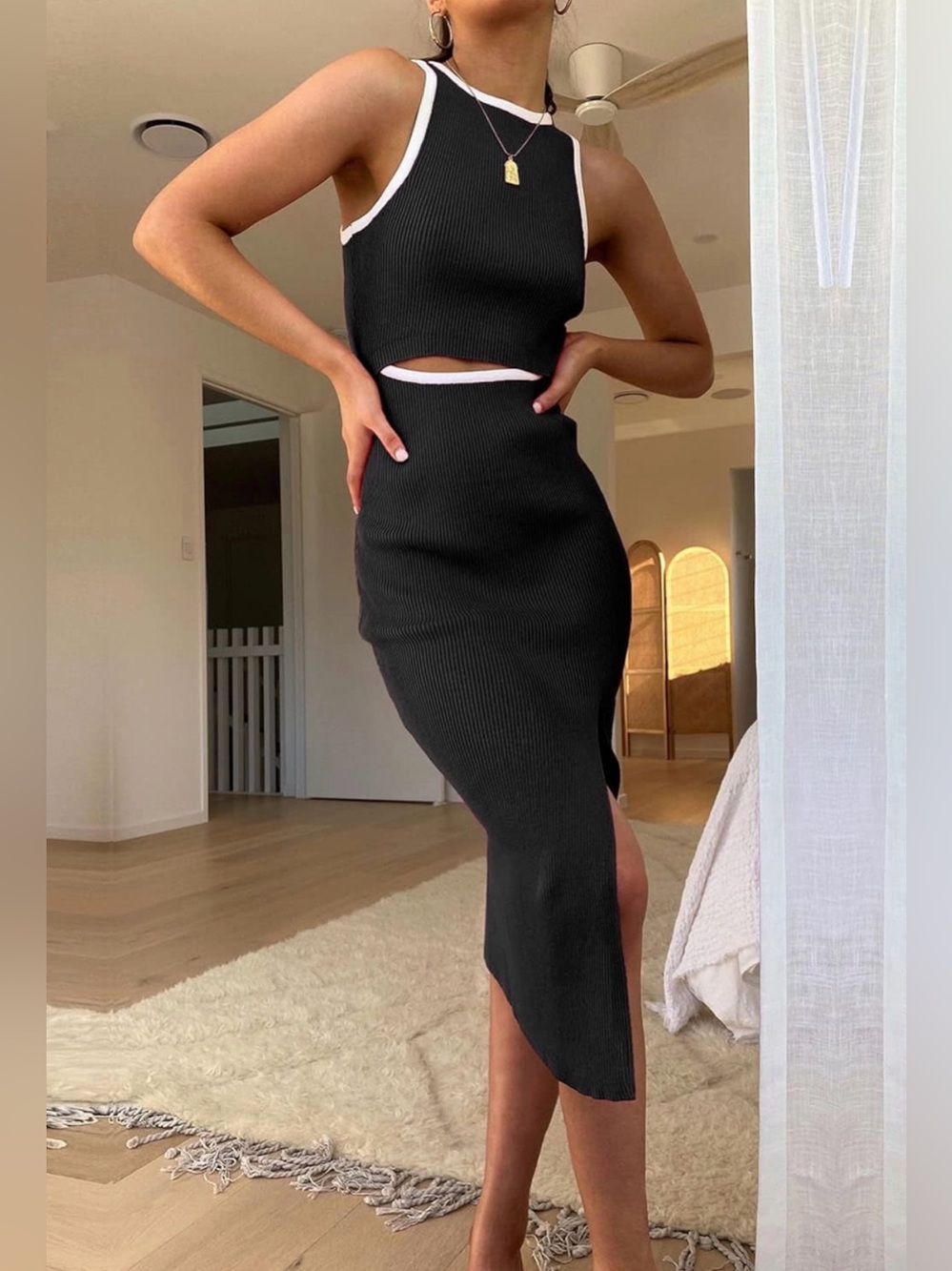 Ribbed Black Bodycon Midi Dress | Contrast Trim Cutout Dress | Sleeveless High N